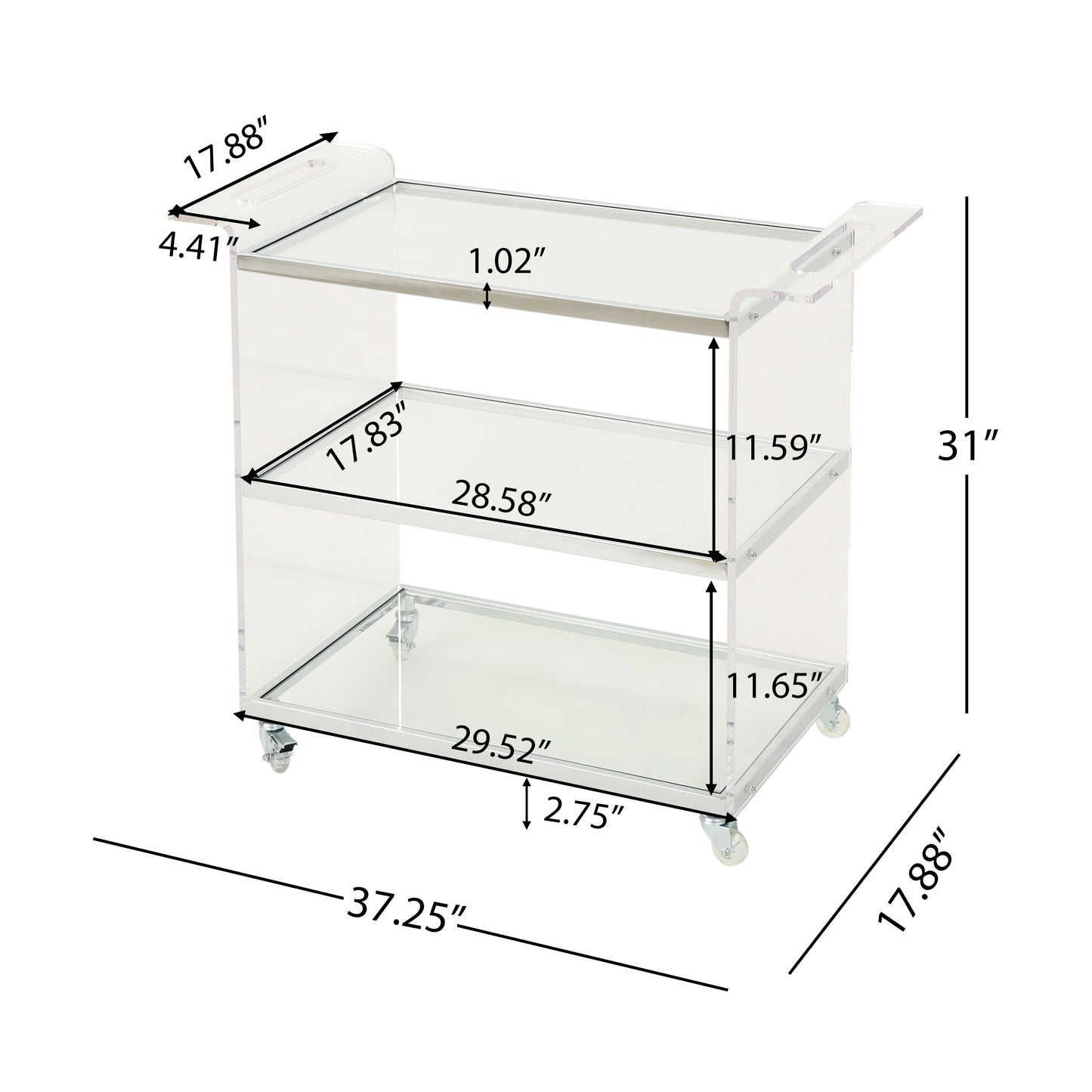 Clear acrylic bar cart with chrome accents and wheels
