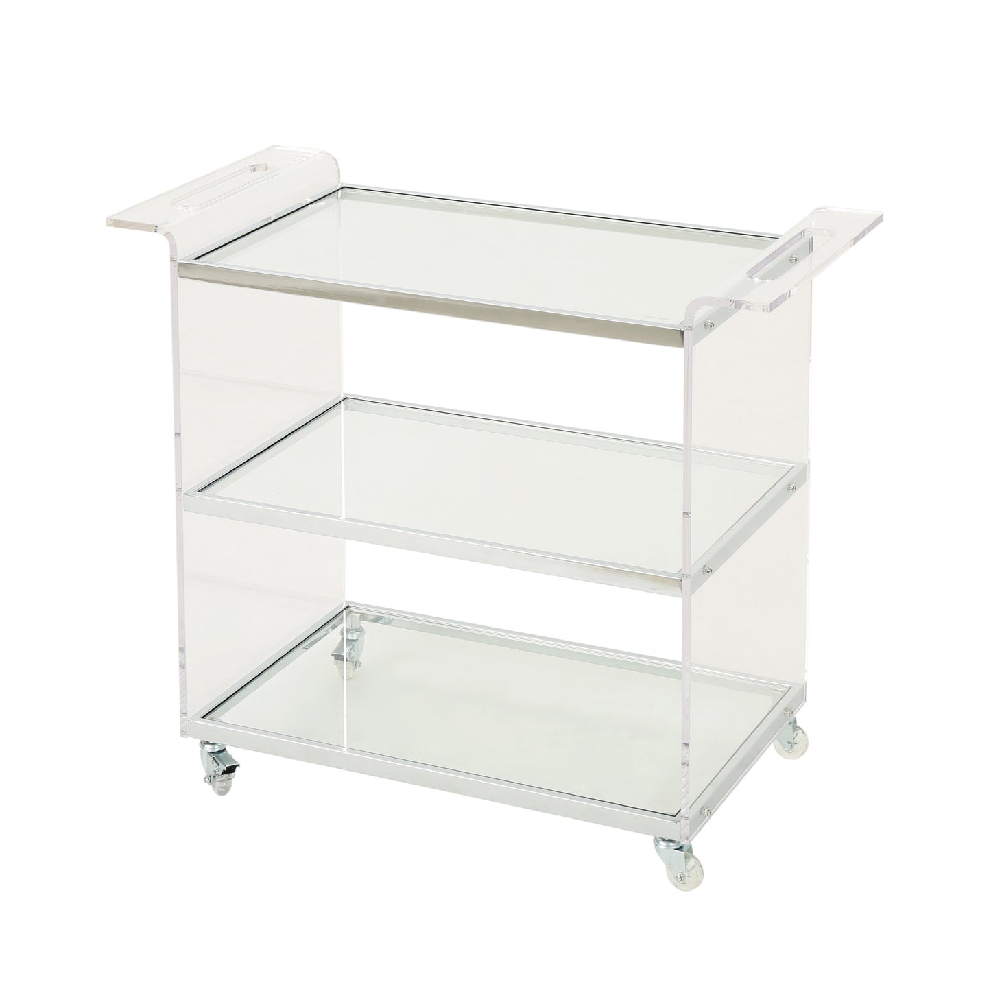 Clear acrylic bar cart with silver accents and three mirrored shelves on wheels