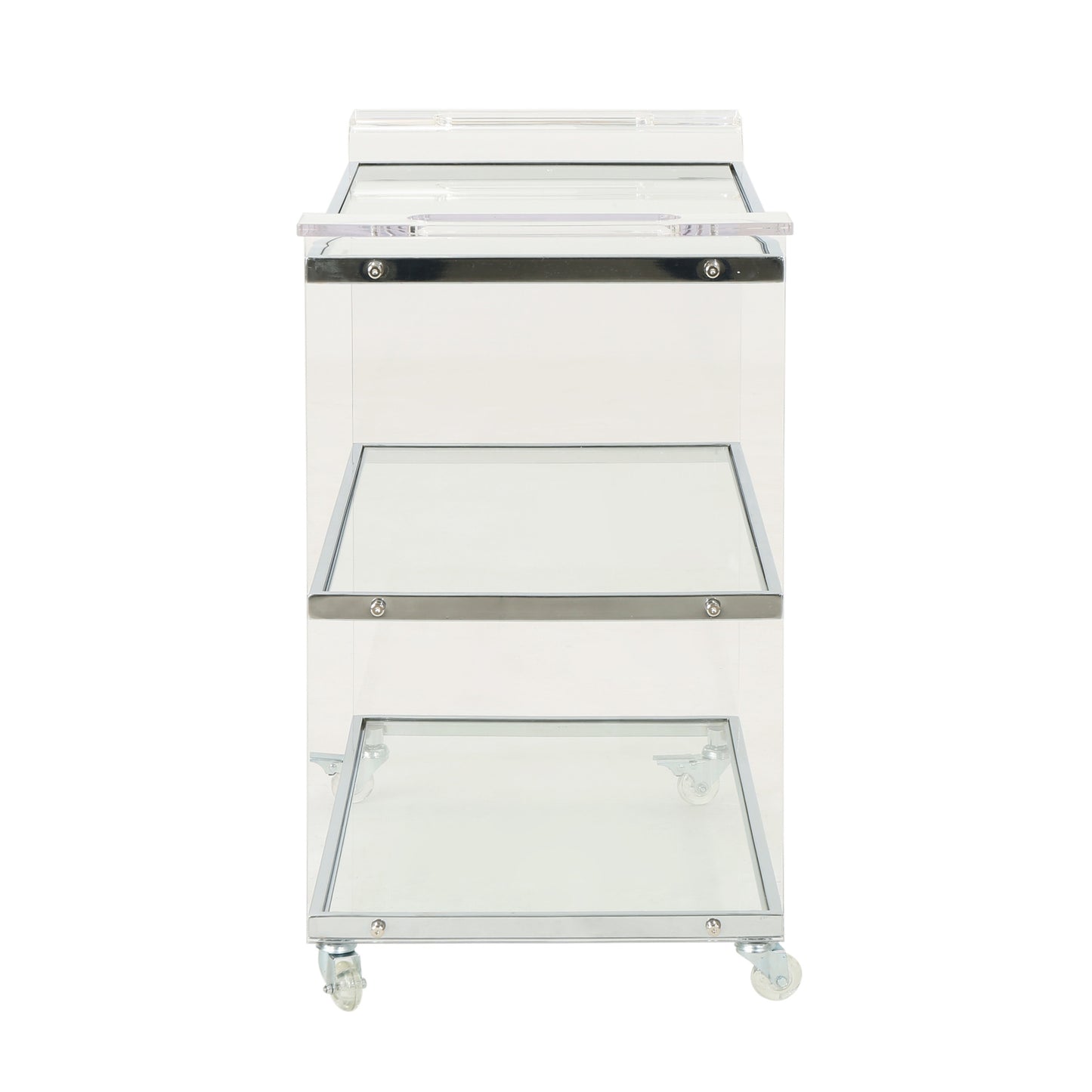 Clear acrylic serving cart with silver hardware and wheels