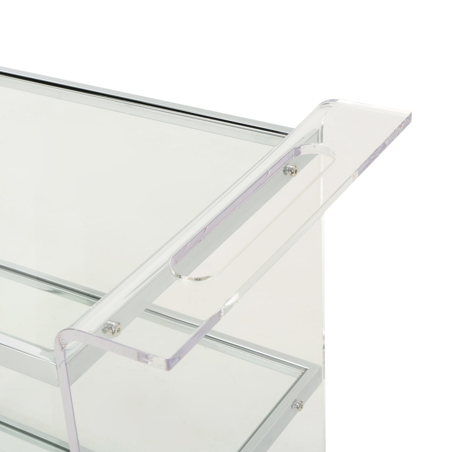 Clear acrylic display shelf with silver metal frame and handle