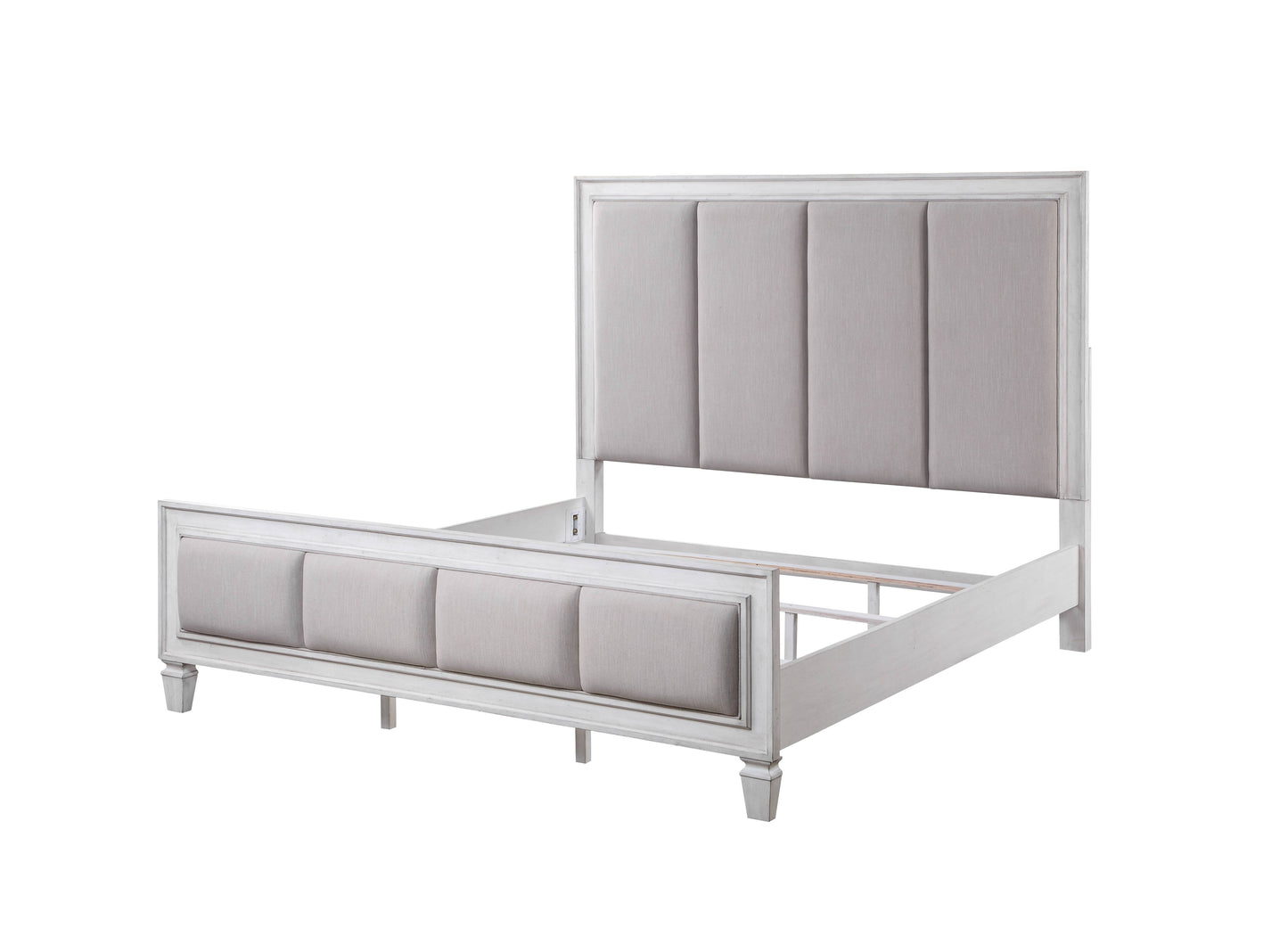 Tufted linen upholstered king bed frame in distressed white wood finish