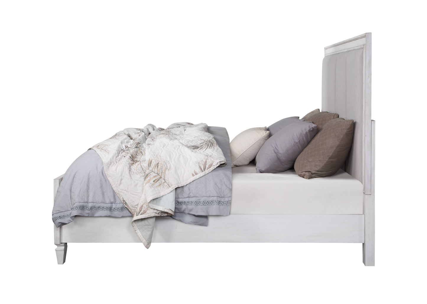 Distressed white wooden bed frame with upholstered headboard and decorative pillows