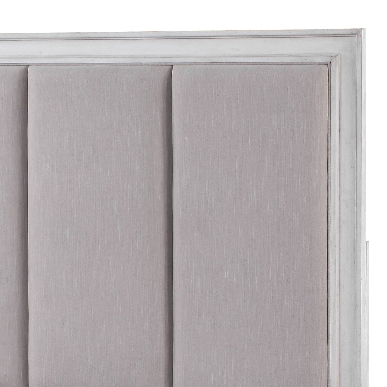 Upholstered grey linen headboard with distressed white wood frame modern design