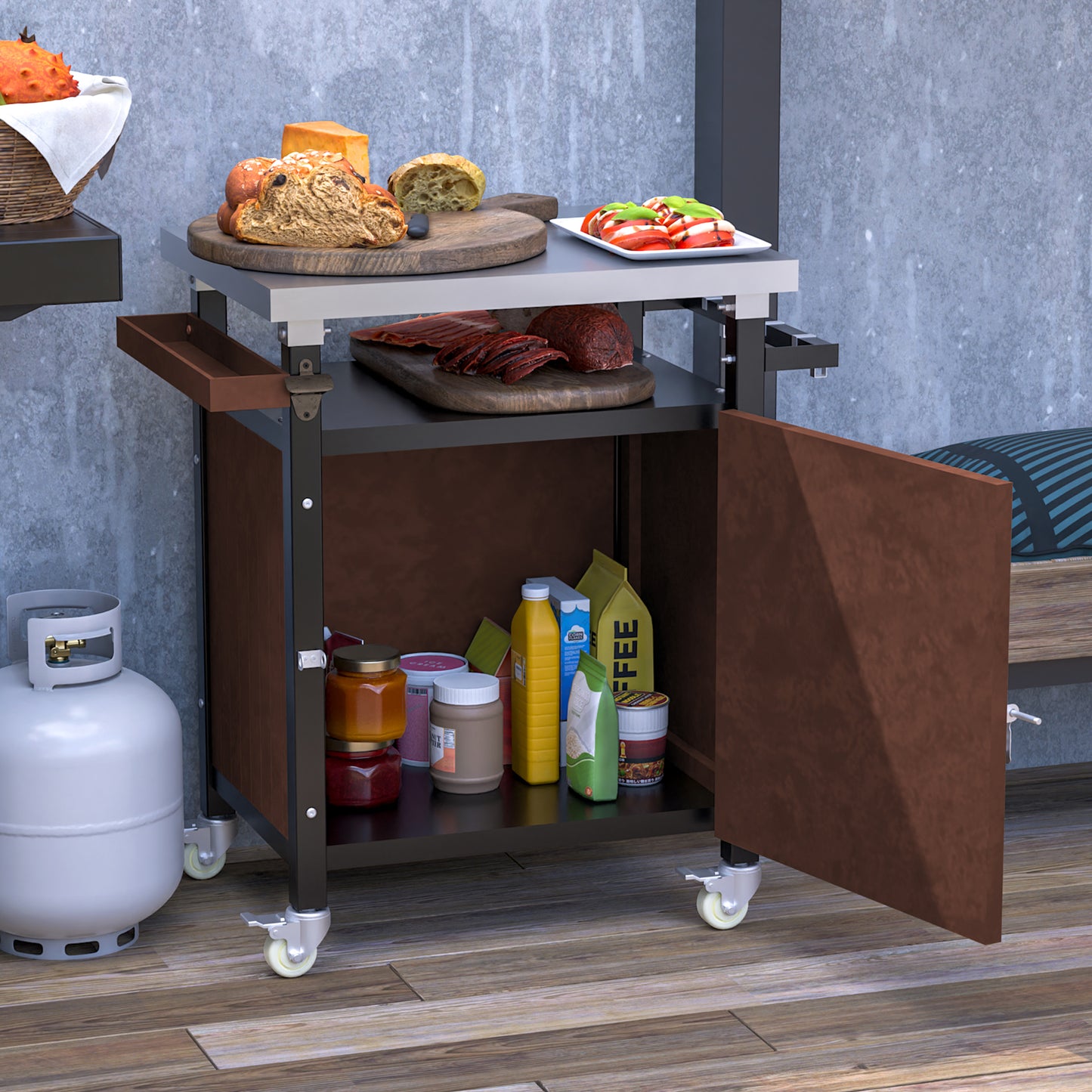 Wheeled serving cart with food display