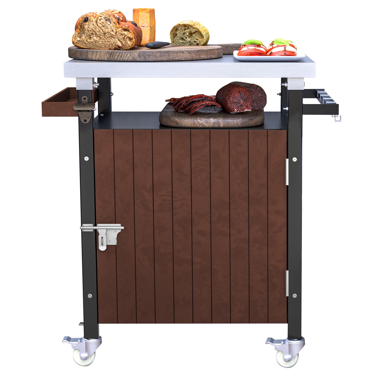 Stainless steel and wood outdoor prep cart with meats and cheeses