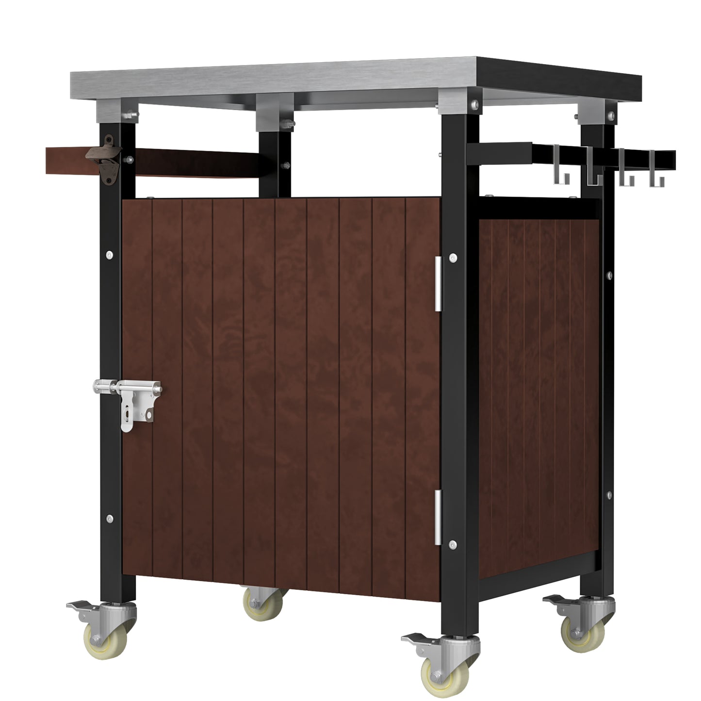 Brown wooden rolling bar cart with stainless steel top and hooks