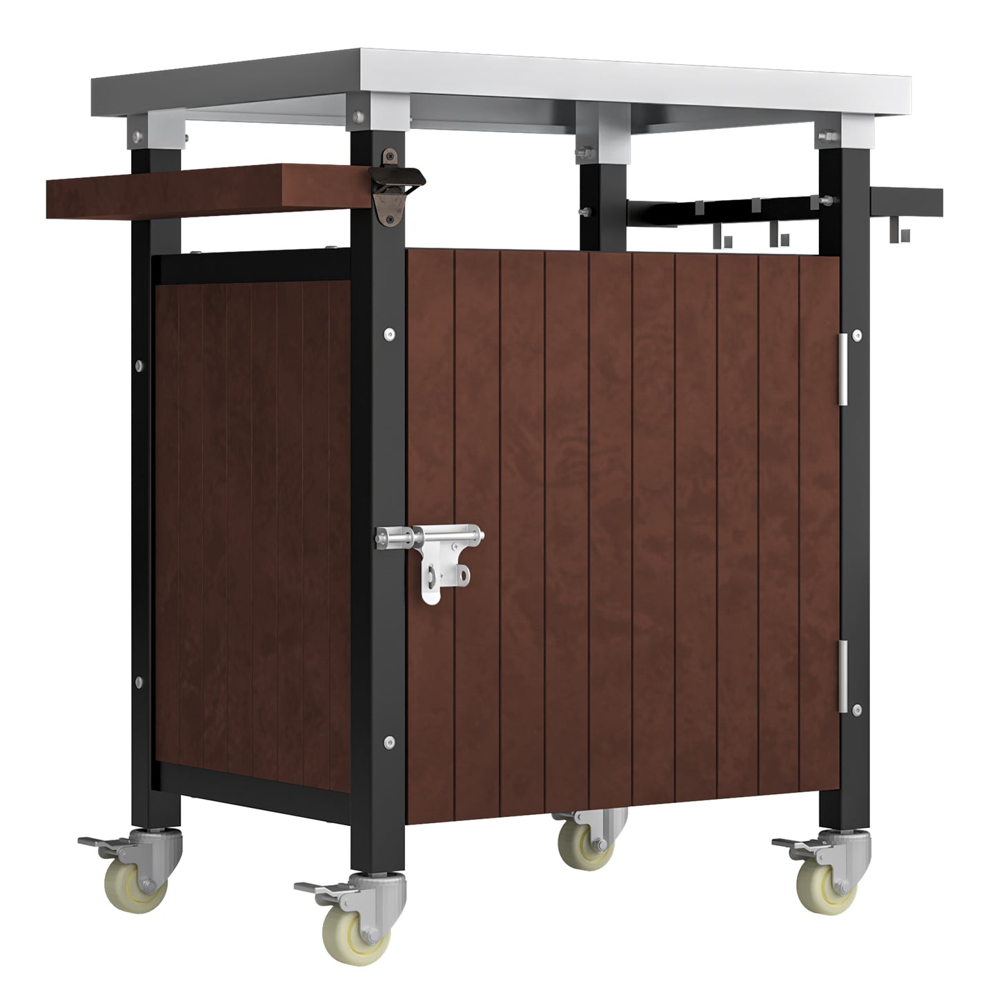 Stainless steel top outdoor kitchen cart with dark wood siding