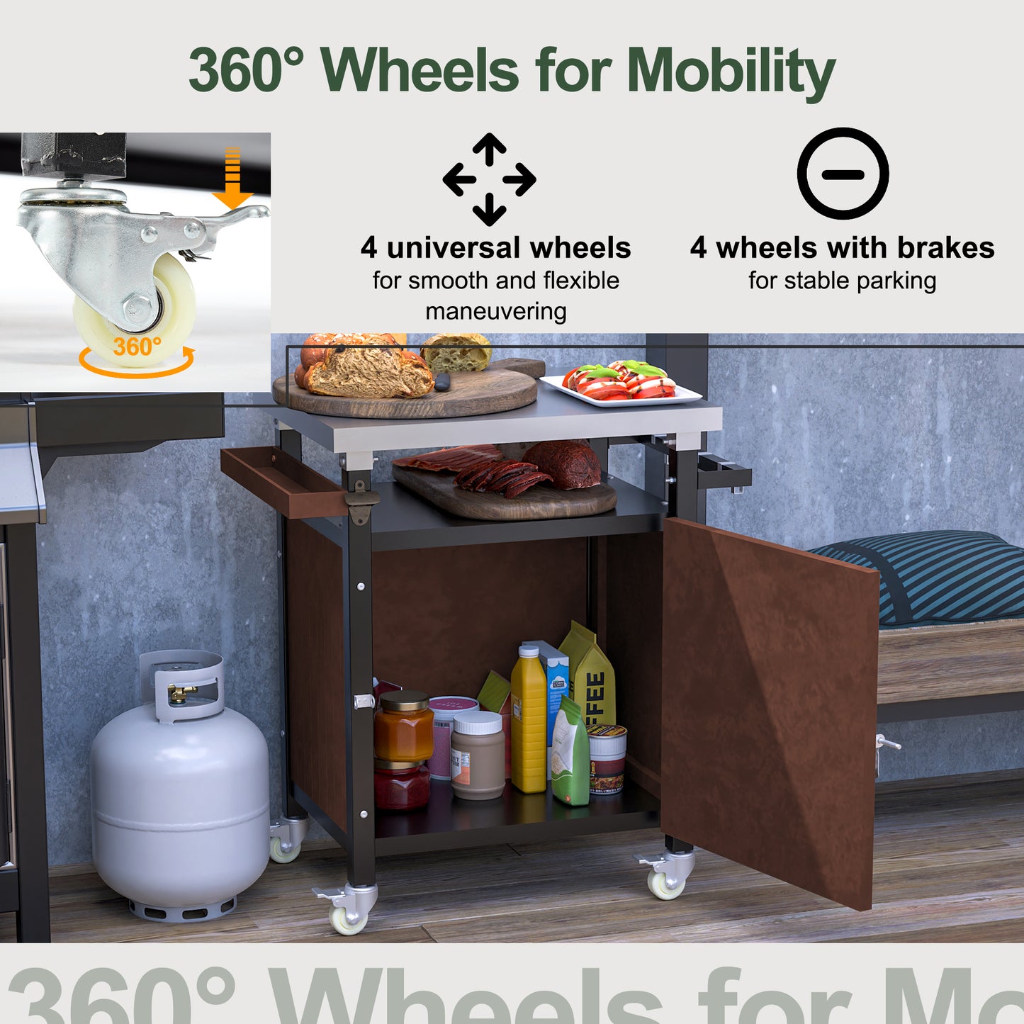 Swivel caster wheel with brake for mobile utility cart