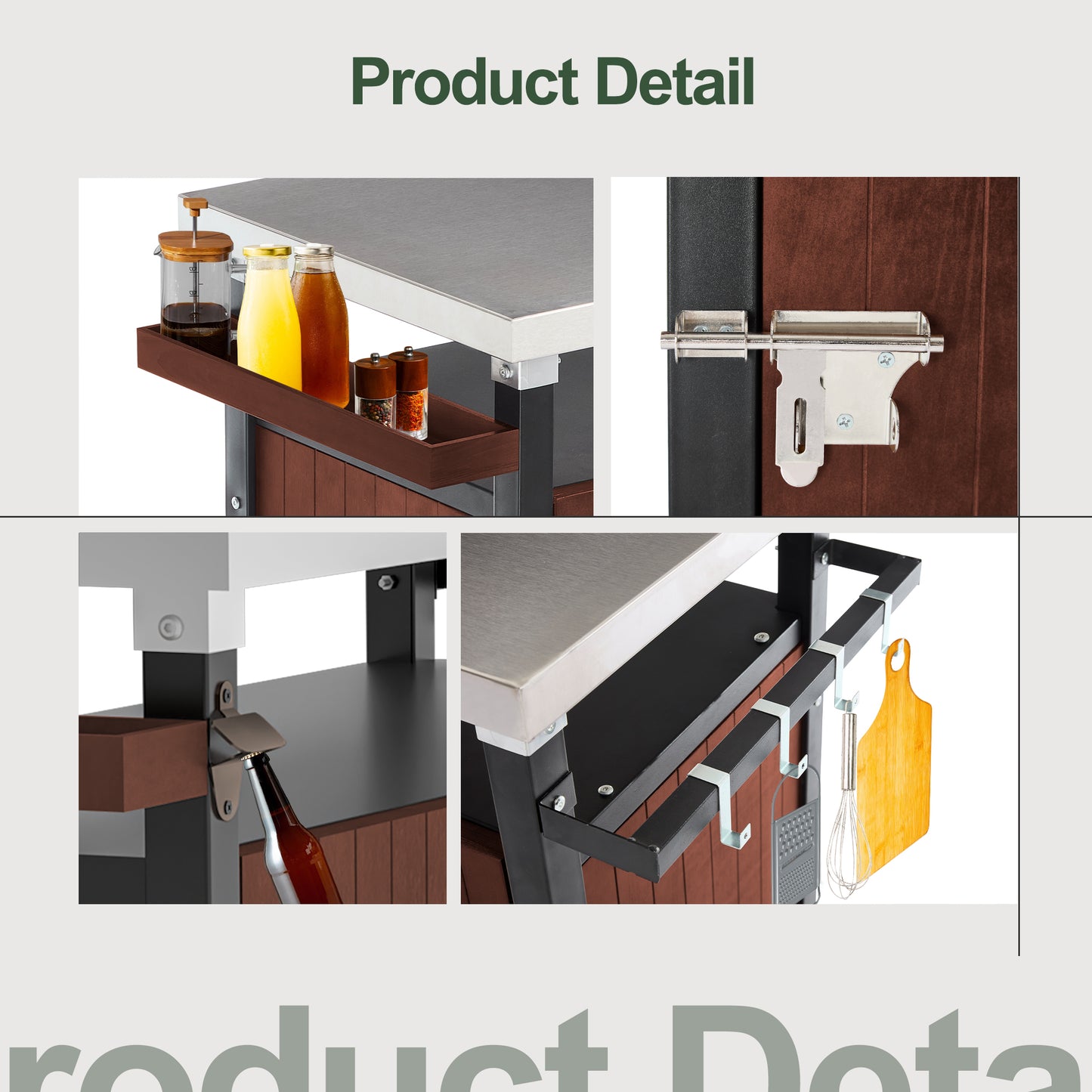 Kitchen island cart with stainless steel top and bottle opener