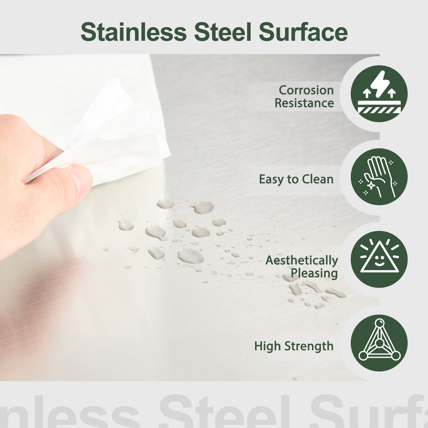 Brushed stainless steel surface demonstrating corrosion resistance with water droplets