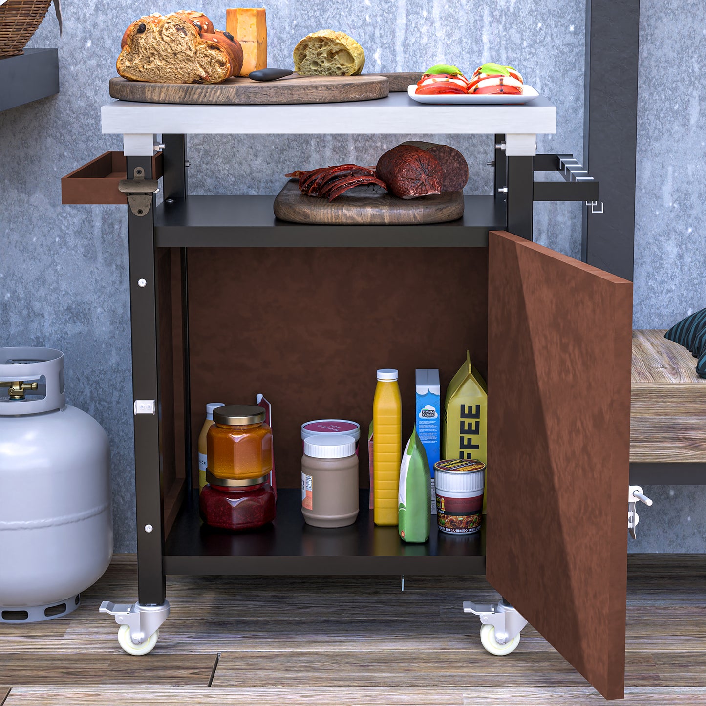 Rolling kitchen cart with assorted food items including bread cheese and preserves