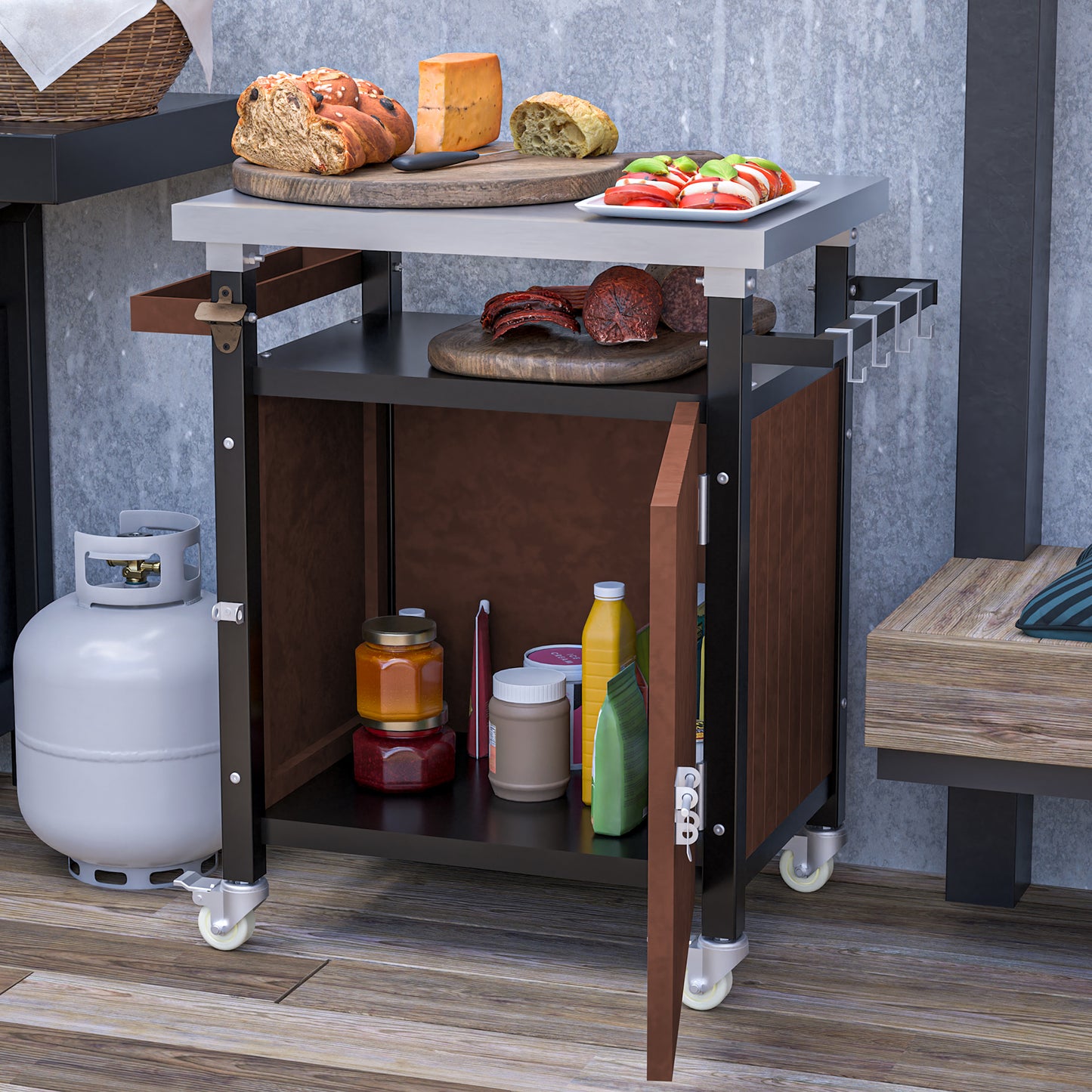 Black metal outdoor kitchen cart with stainless steel top and storage cabinet