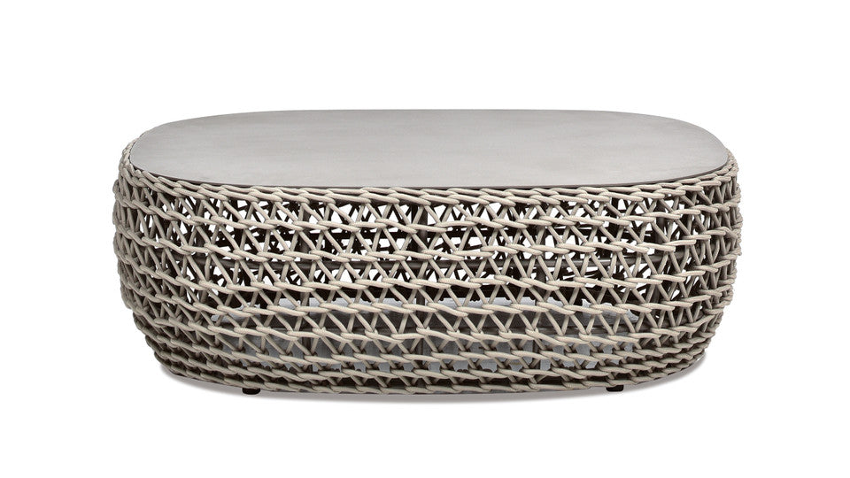 Oval concrete top coffee table with woven grey base and black legs