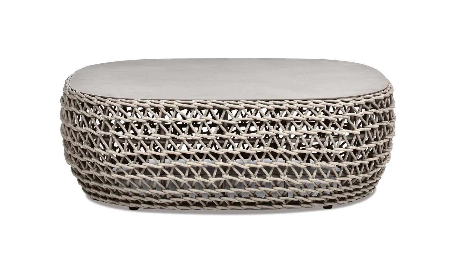 Grey concrete top coffee table with woven rope base modern patio furniture