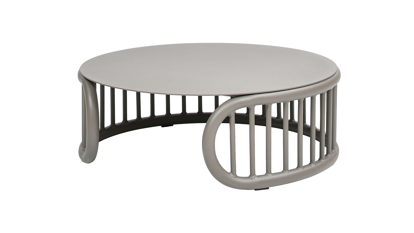 Modern grey round metal coffee table with unique slatted base design for living rooms