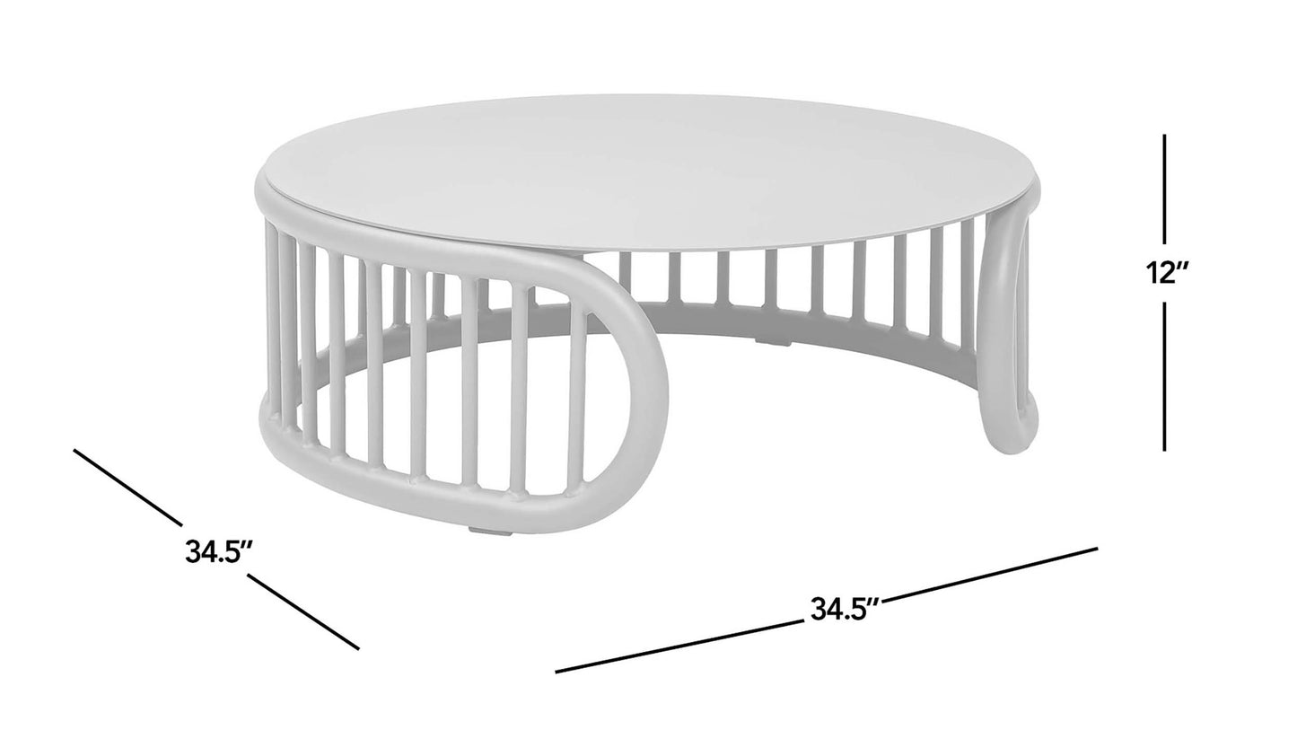 White round metal coffee table with slatted base and unique curved legs