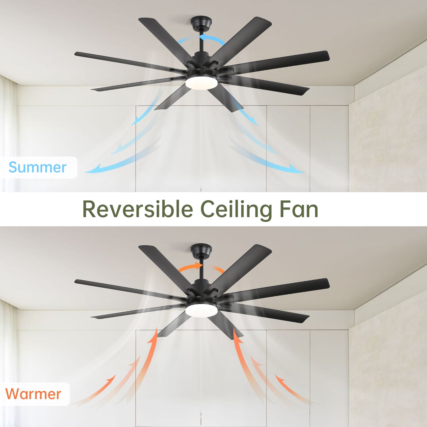 Black reversible ceiling fan with eight blades circulating air downwards for cooling