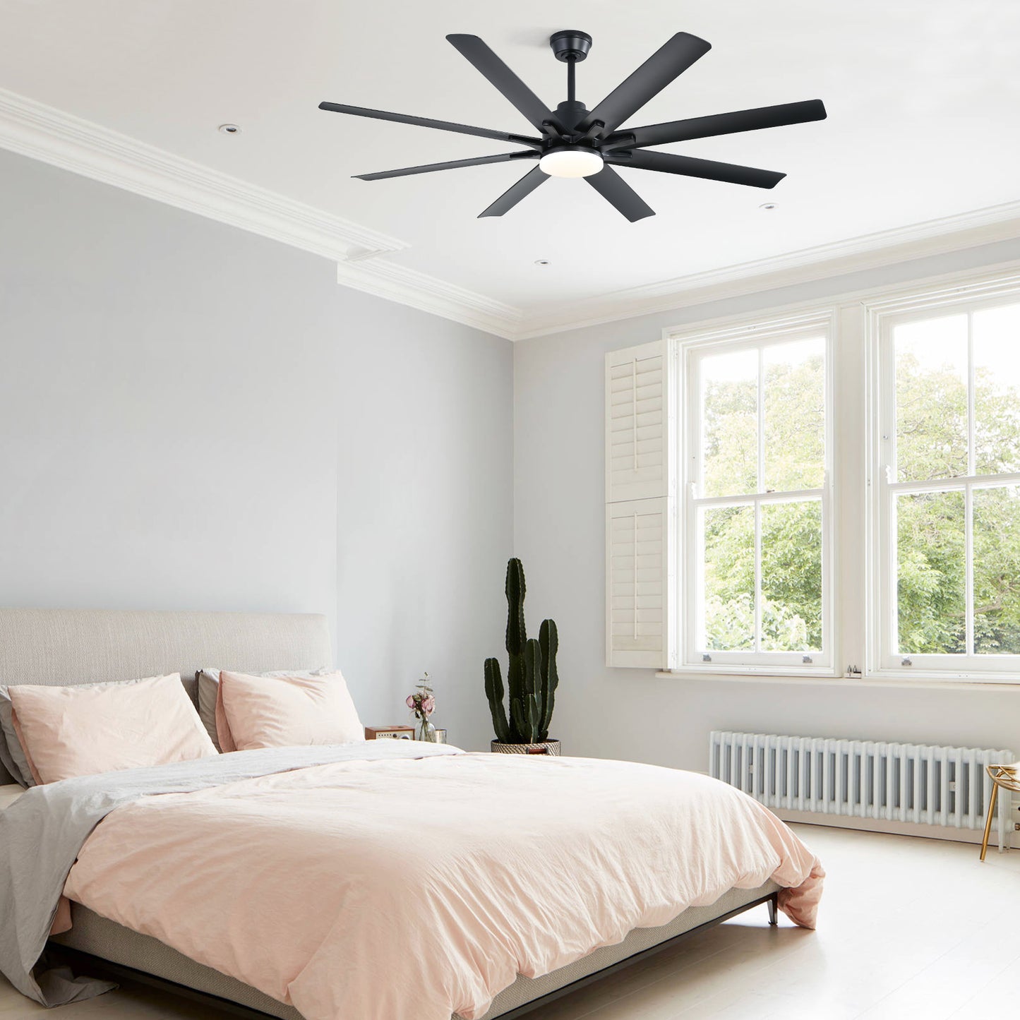 Black modern ceiling fan with blades and integrated LED light