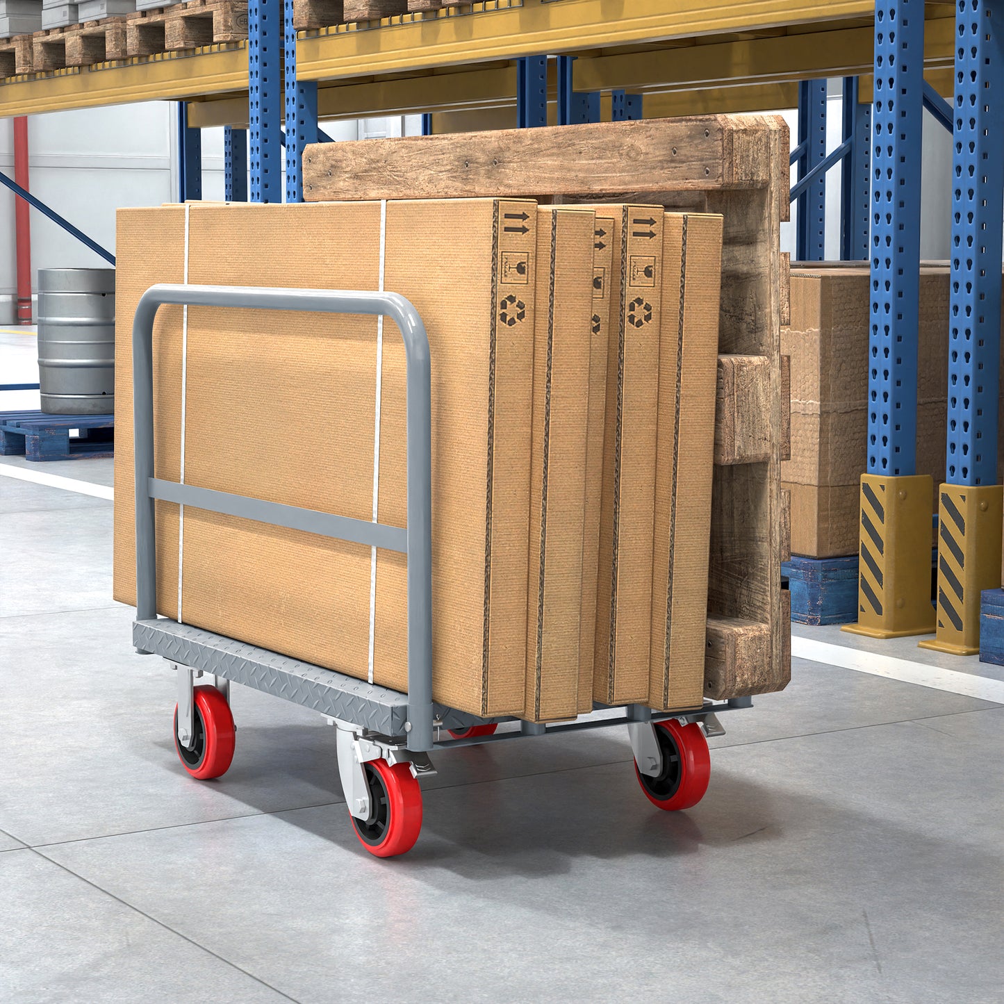 Cardboard boxes on a flatbed trolley with red wheels in a warehouse