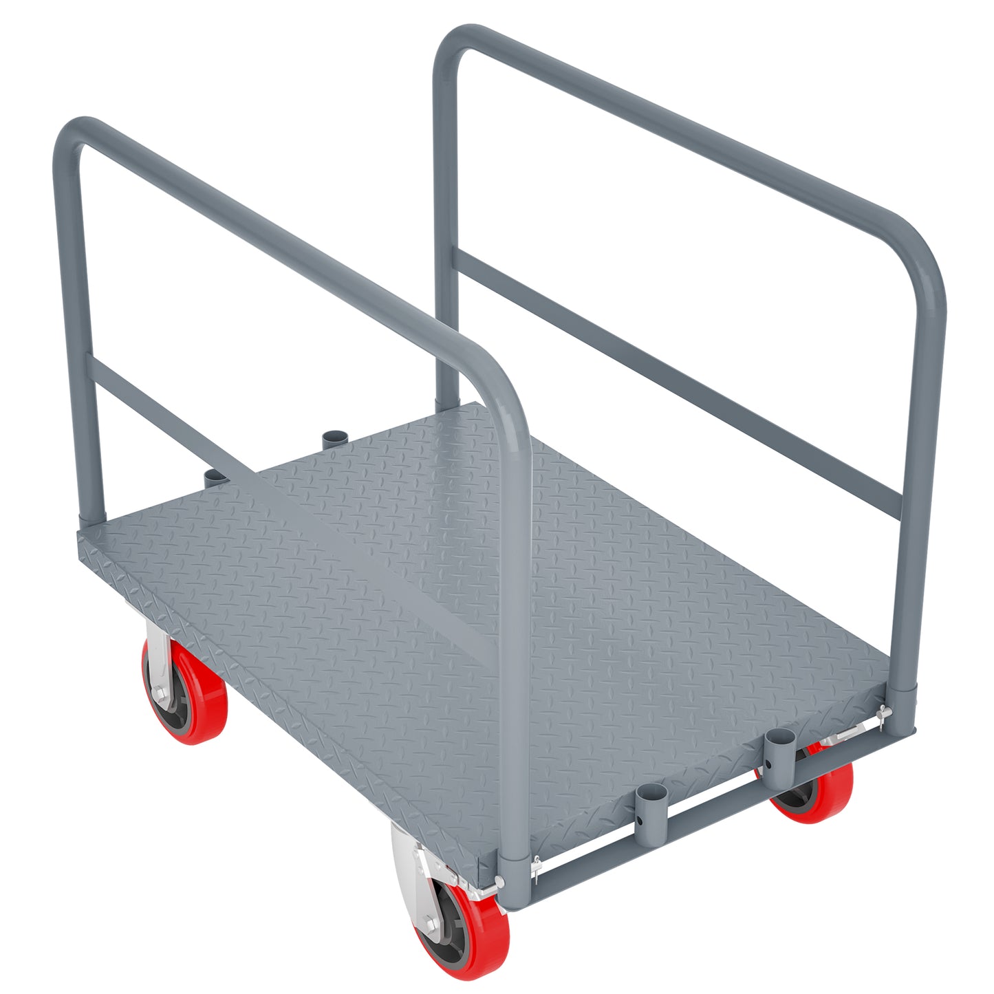 Gray steel utility cart with diamond plate platform and red wheels