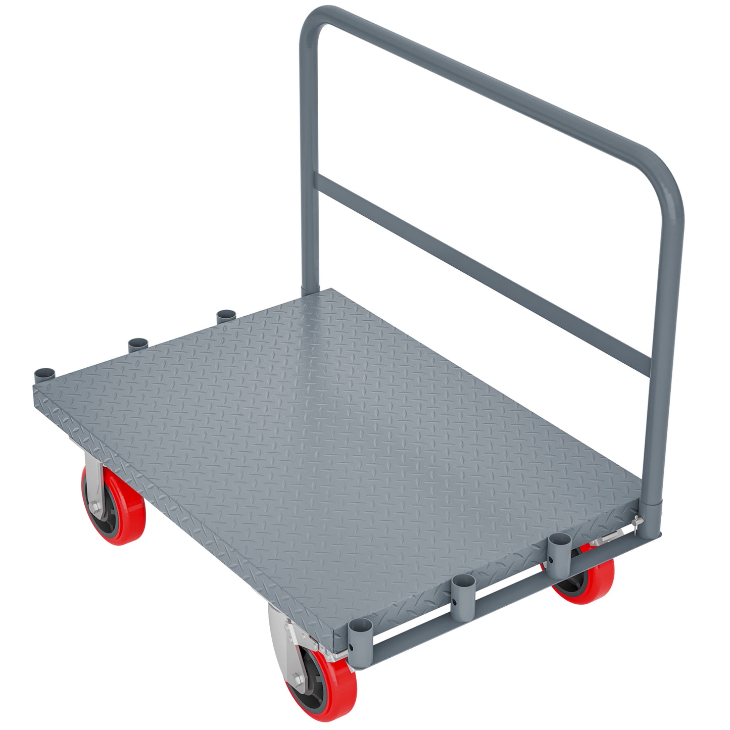 Gray metal platform cart with red wheels for easy transport