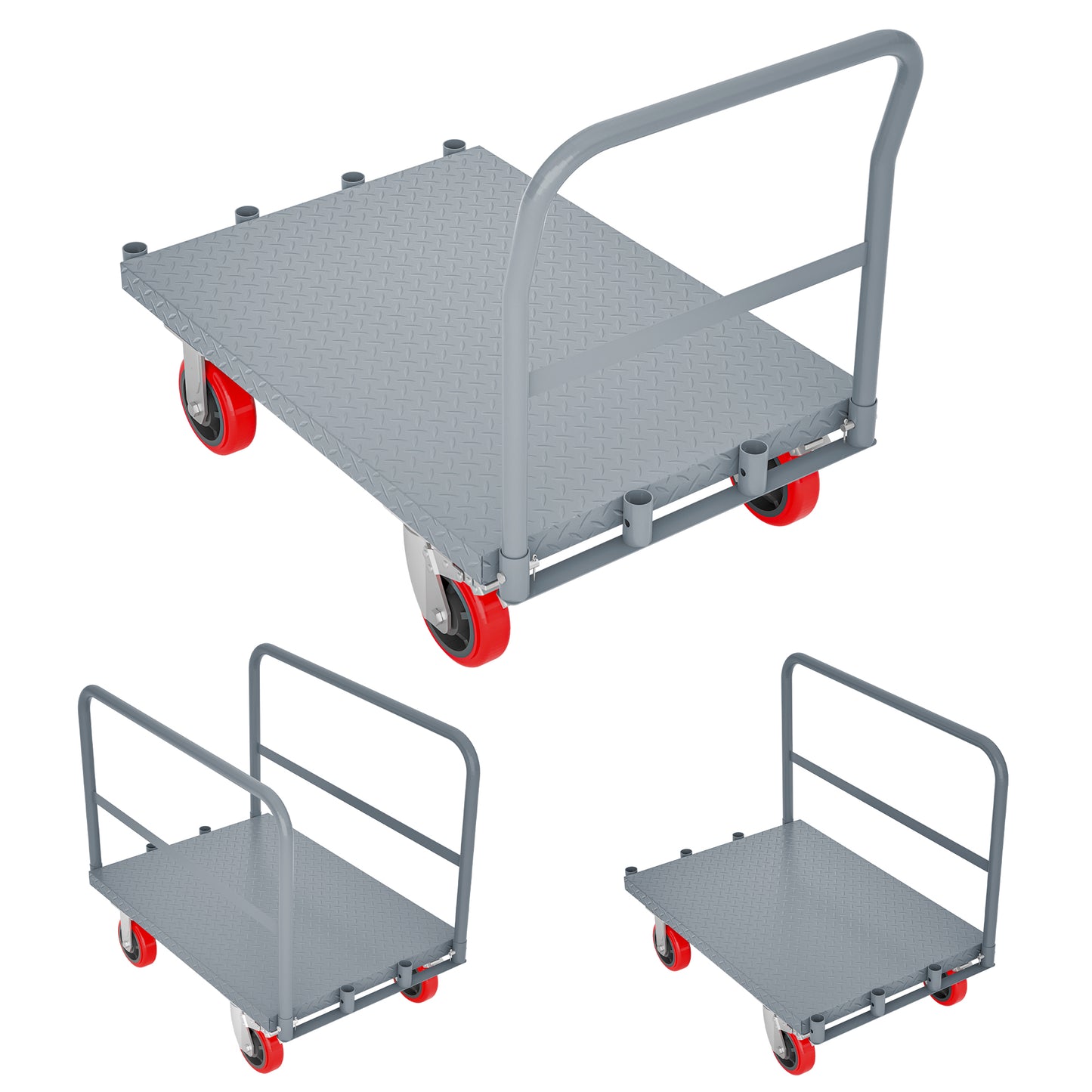 Gray diamond plate folding utility cart with red wheels for moving goods