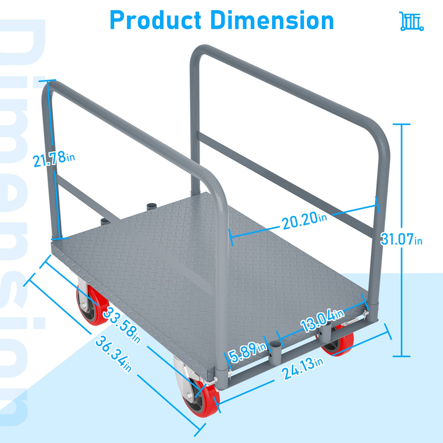 Gray metal platform dolly with red wheels and side rails for moving heavy loads