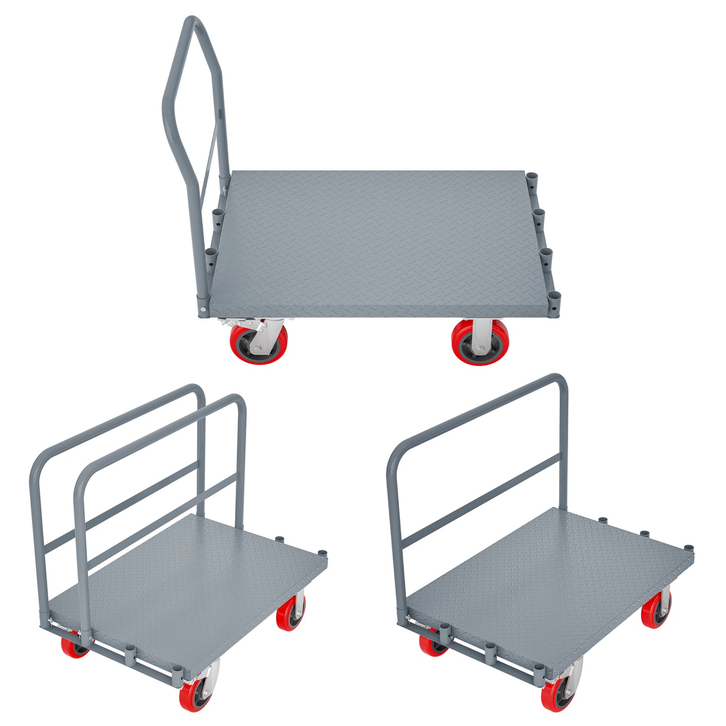 Gray steel flatbed cart with diamond plate deck and red swivel wheels