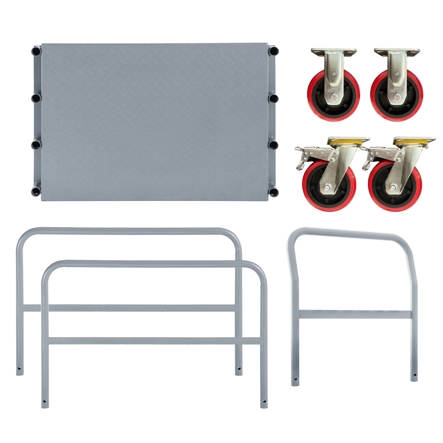 Gray diamond plate steel deck with four red industrial swivel casters for carts