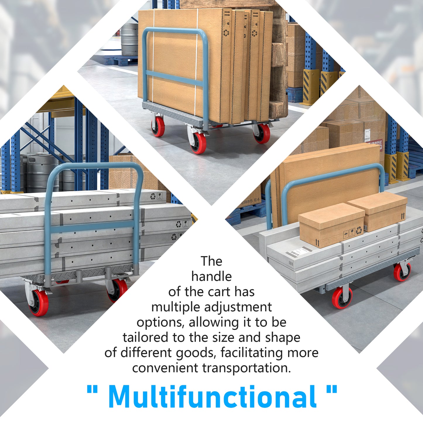 Silver utility cart with blue handle loaded with cardboard boxes