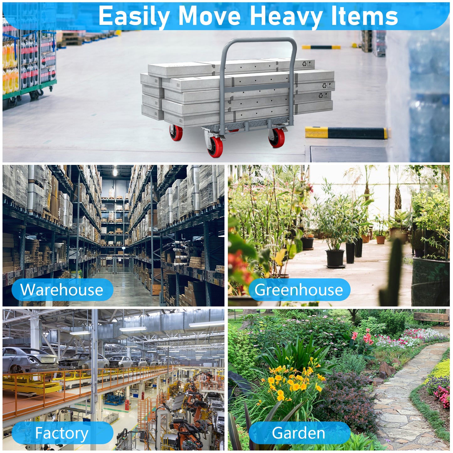 Folding platform trolley with stacked boxes and red wheels for moving heavy items