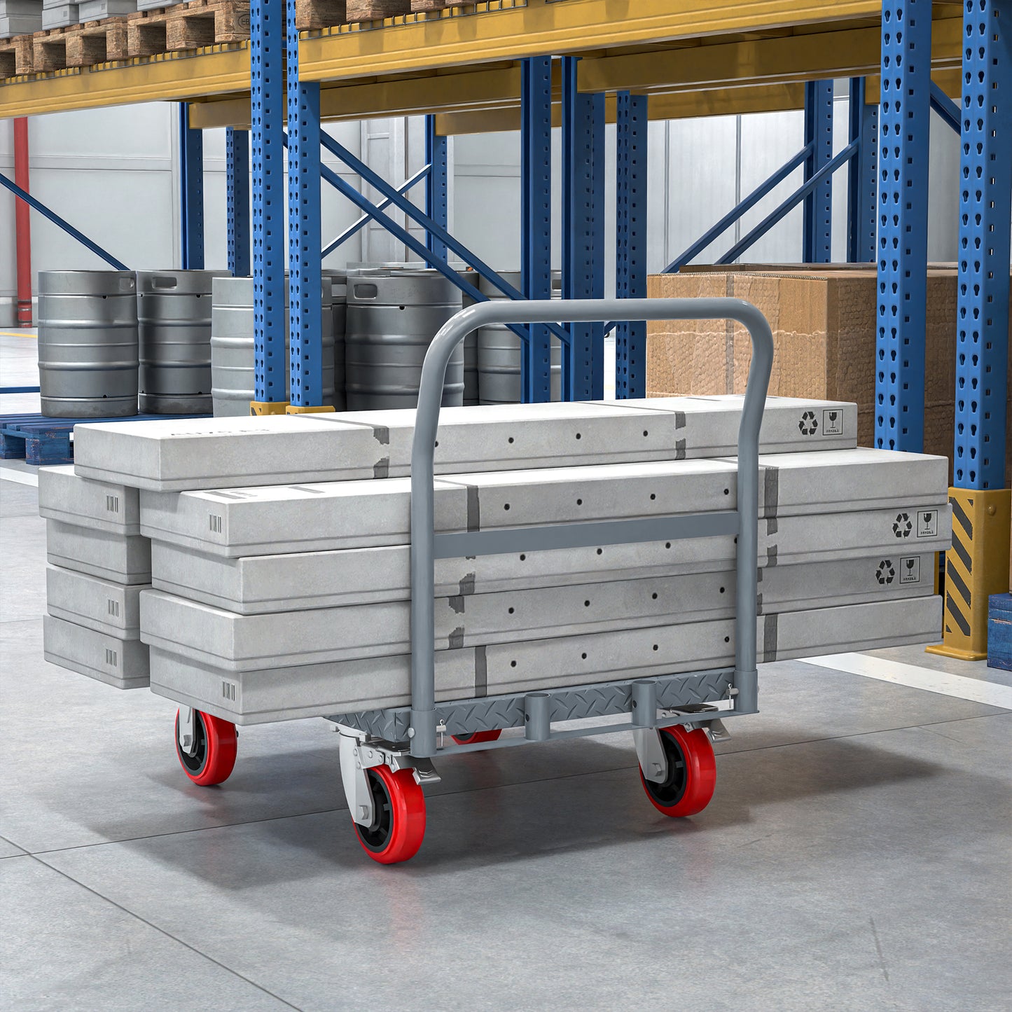 Gray steel platform dolly cart stacked with several flat rectangular light gray boxes ready for warehouse transport