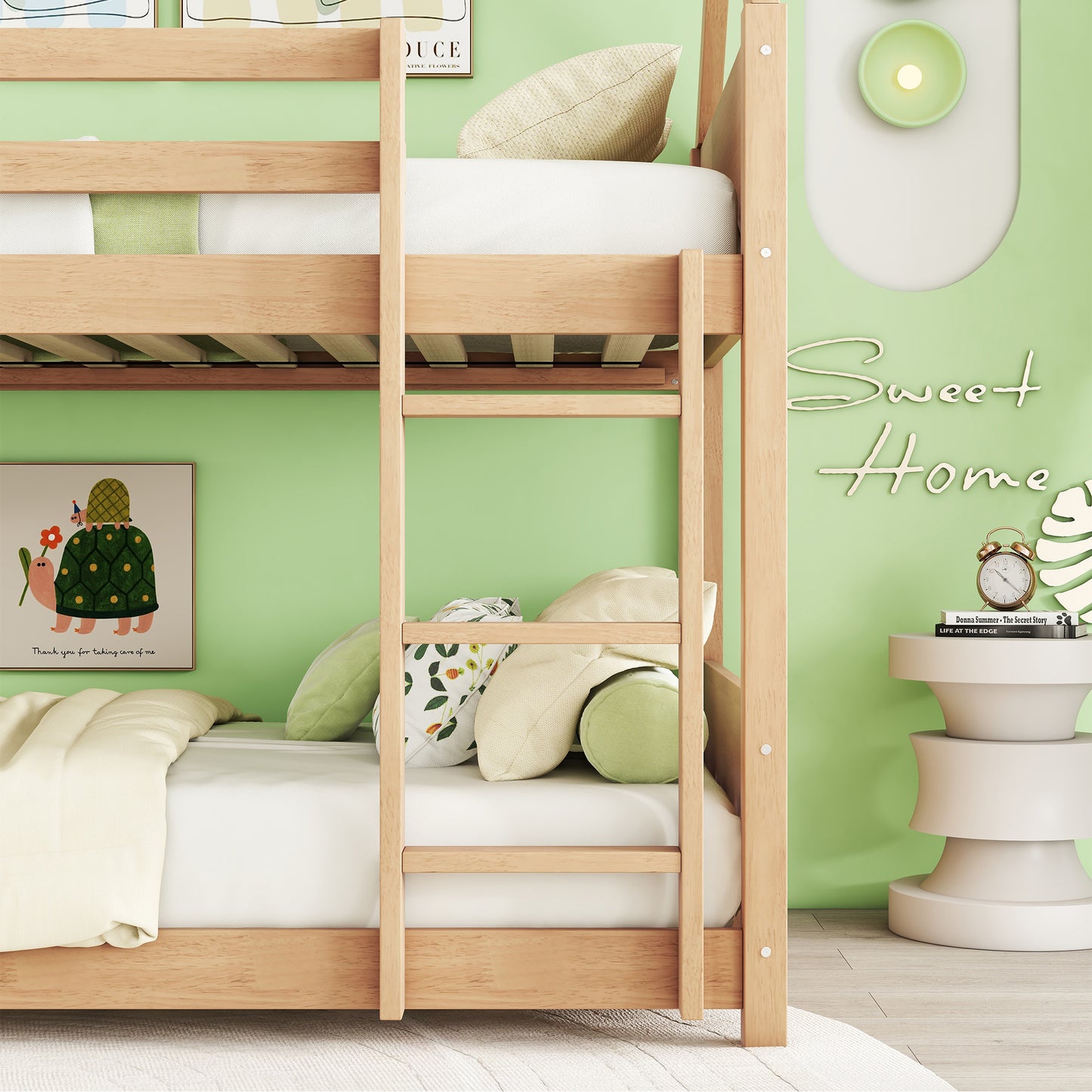 Natural wood twin bunk bed with white bedding and decorative pillows