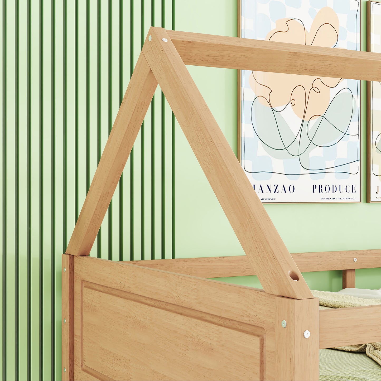 Natural wood toddler bed frame with a houseshaped top perfect for kids rooms
