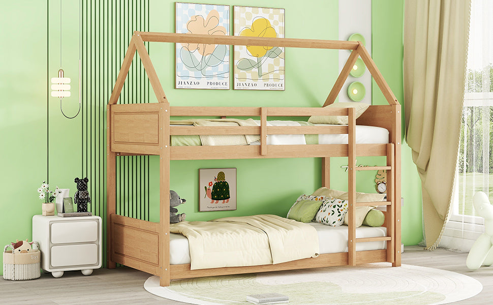 Natural pine wood twin over twin bunk bed with house frame design