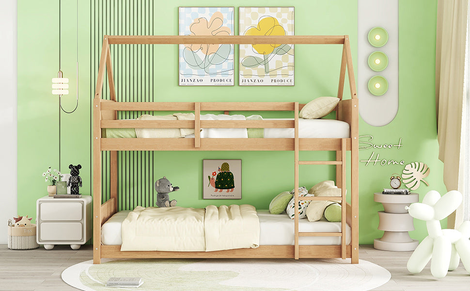 Natural wood twin over twin bunk bed with a modern houseframe design for kids rooms