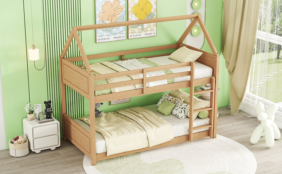Wooden twin over twin bunk bed with house frame ideal for kids bedrooms