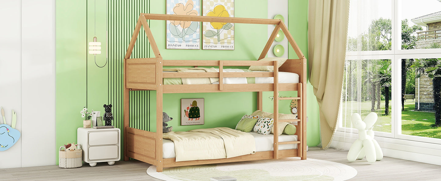 Natural wood bunk bed with house frame design ideal for kids bedrooms