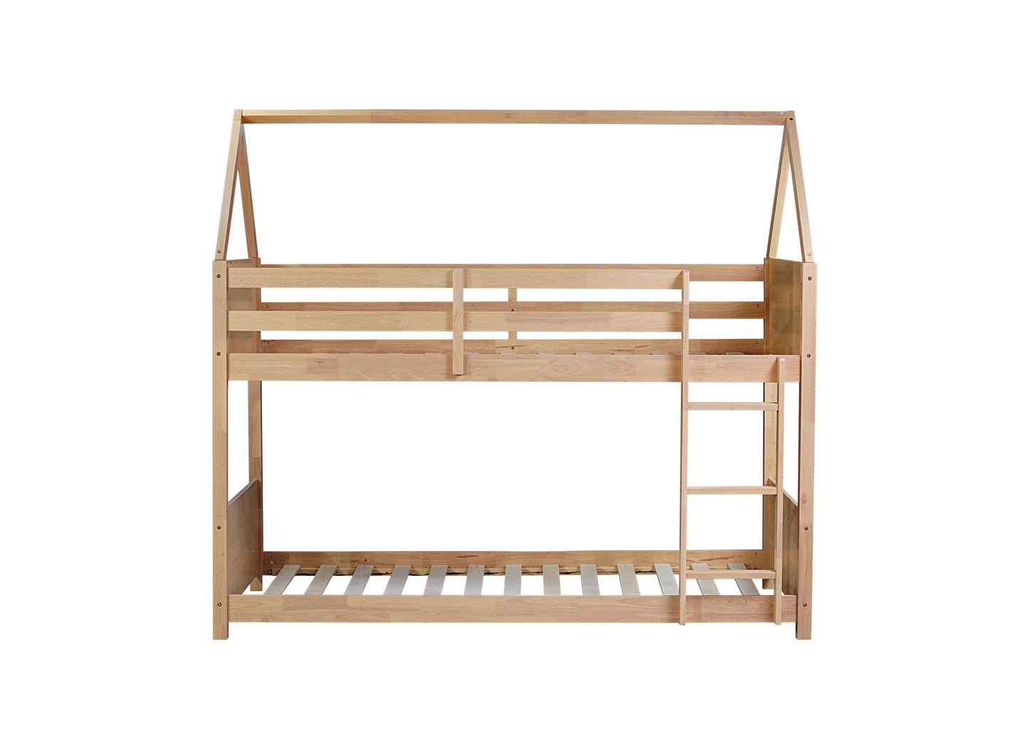 Natural wood twin over twin bunk bed with ladder designed for childrens rooms