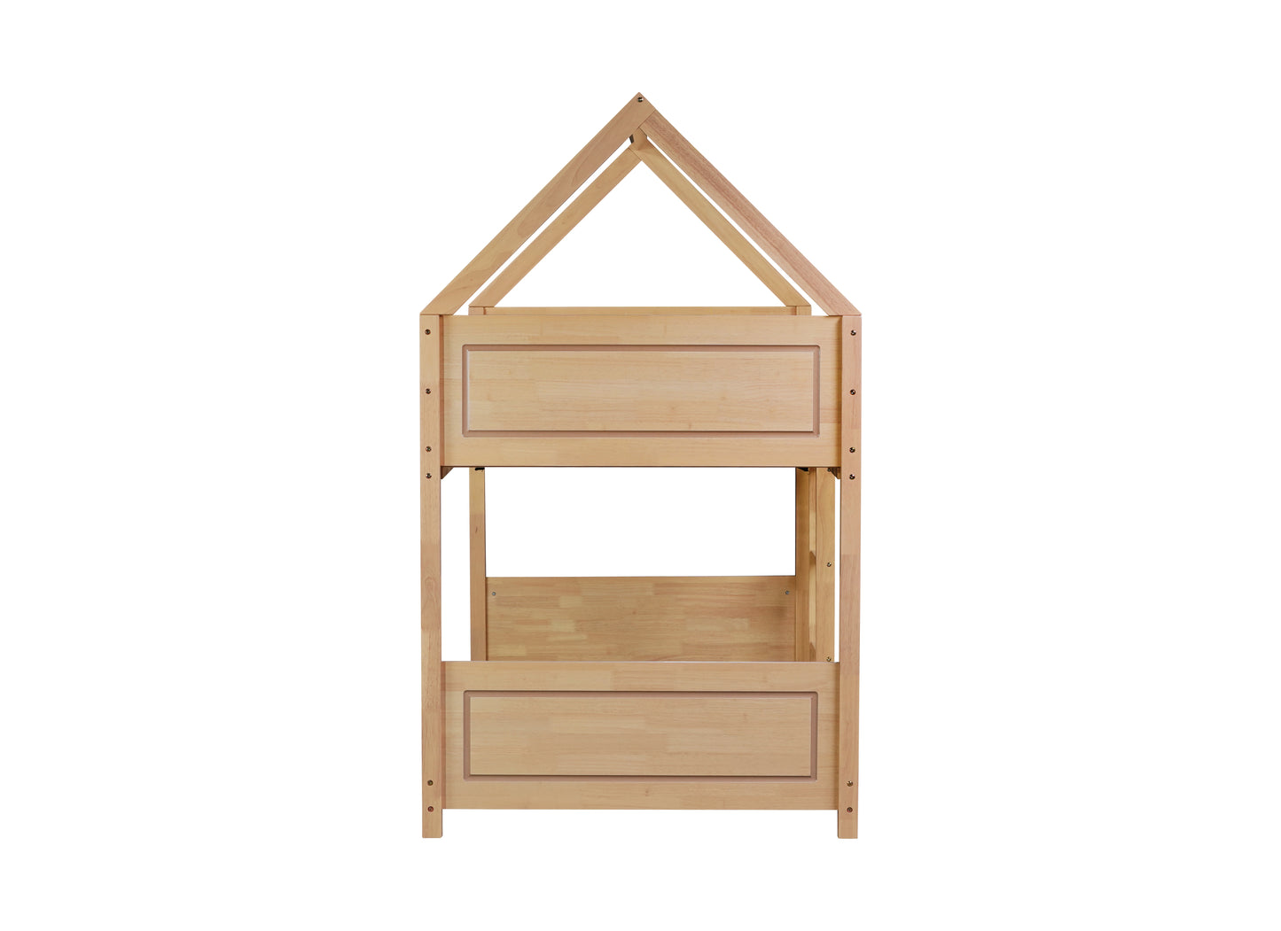 Natural wood twin bed frame with a houseshaped top perfect for kids rooms