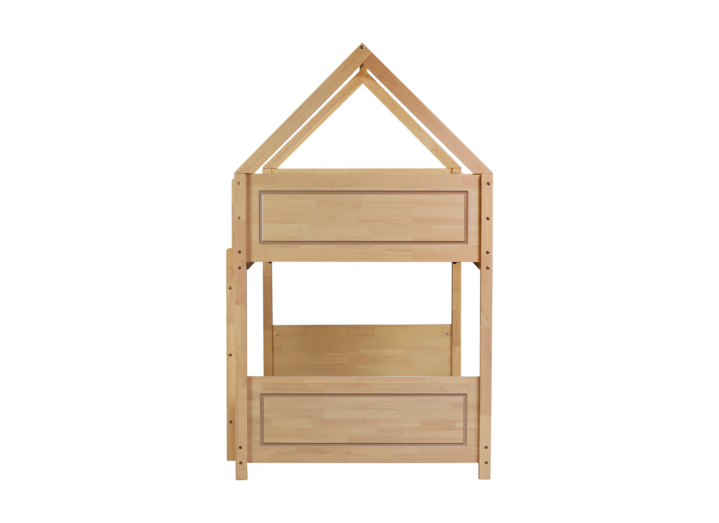 Light wood twin house bed frame with pitched roof design