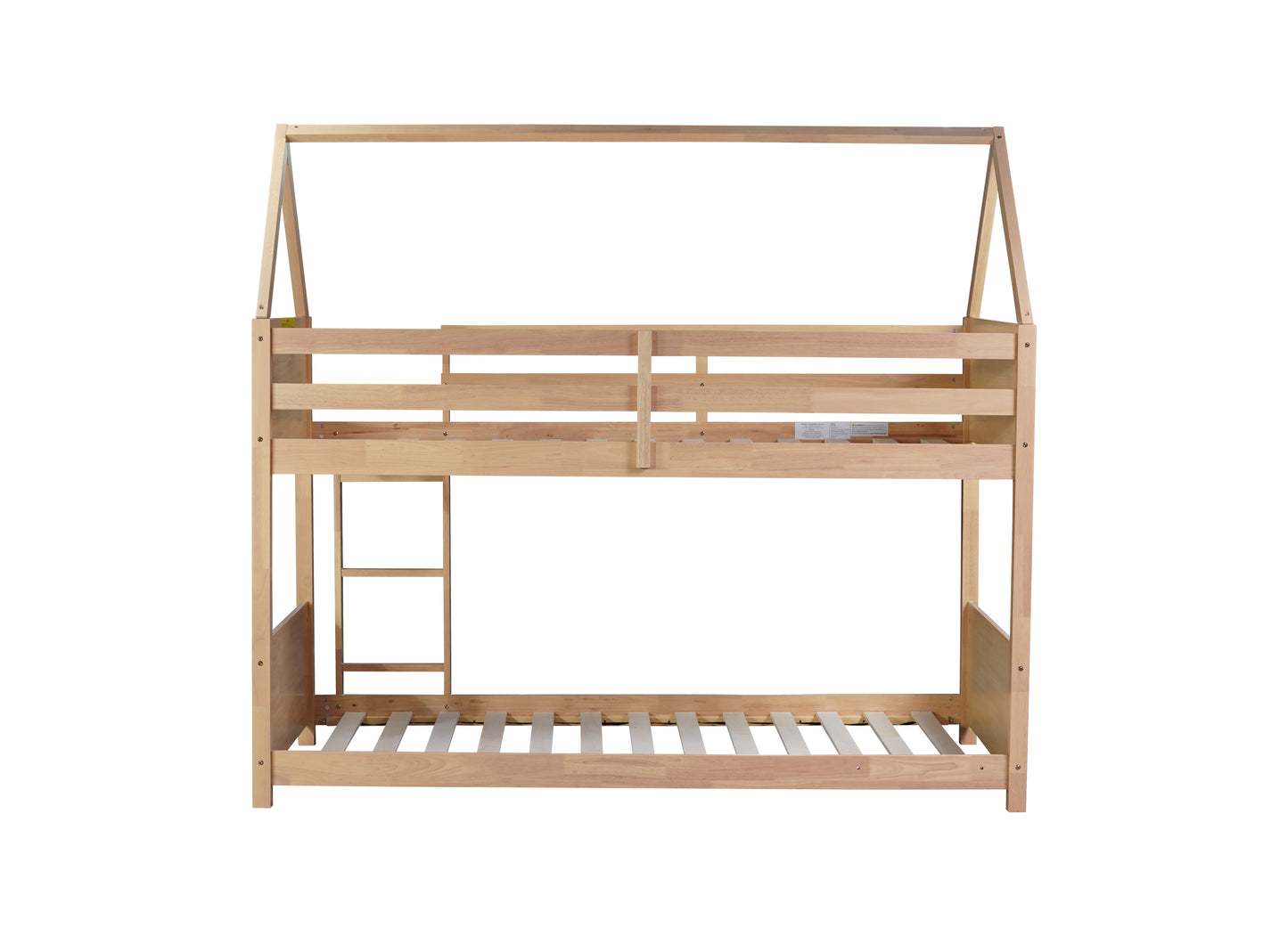 Natural wood twin over twin bunk bed with ladder and house frame top