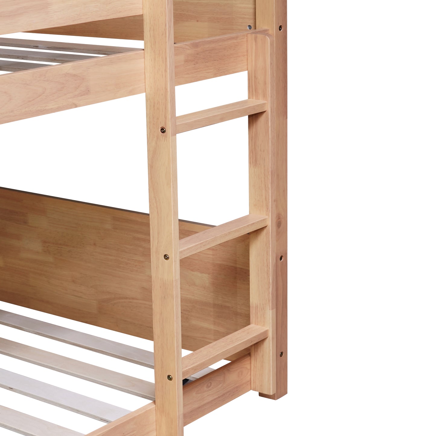 Light wood bunk bed frame with slatted base and side rails