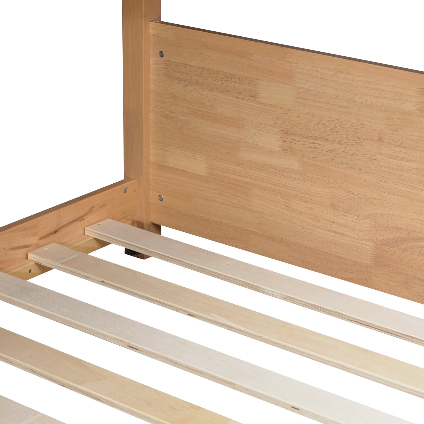Light wood bed frame detail with wooden slats for mattress support