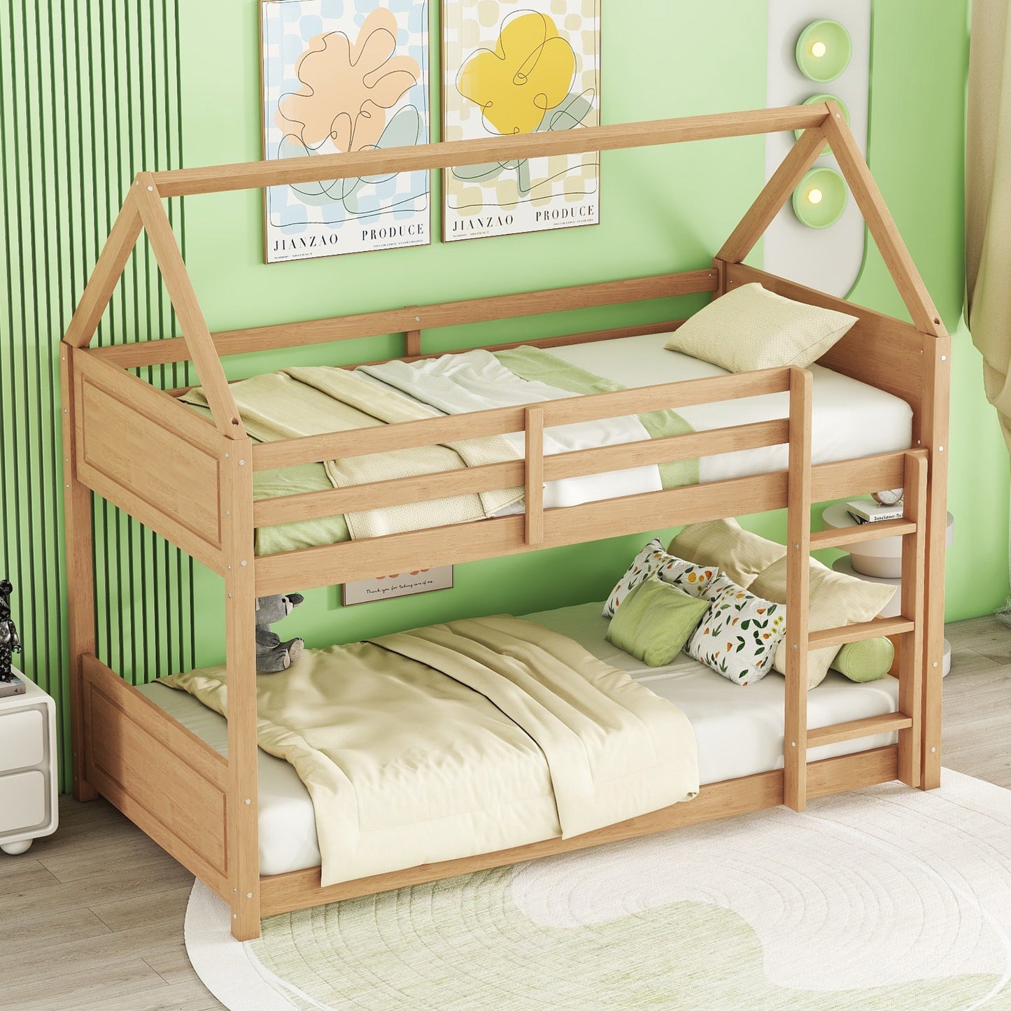 Solid wood bunk bed with house frame natural finish and ladder for kids