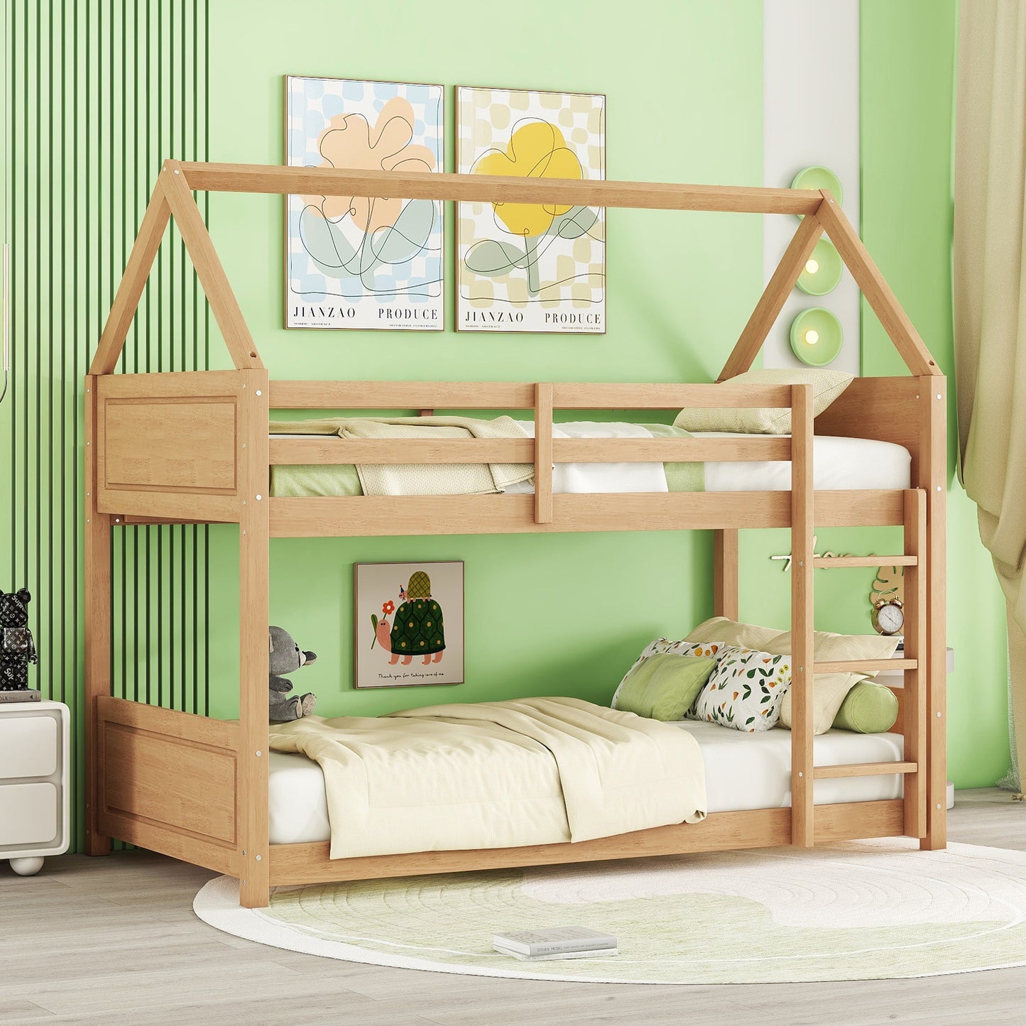 Natural wood twin over twin bunk bed with house frame design