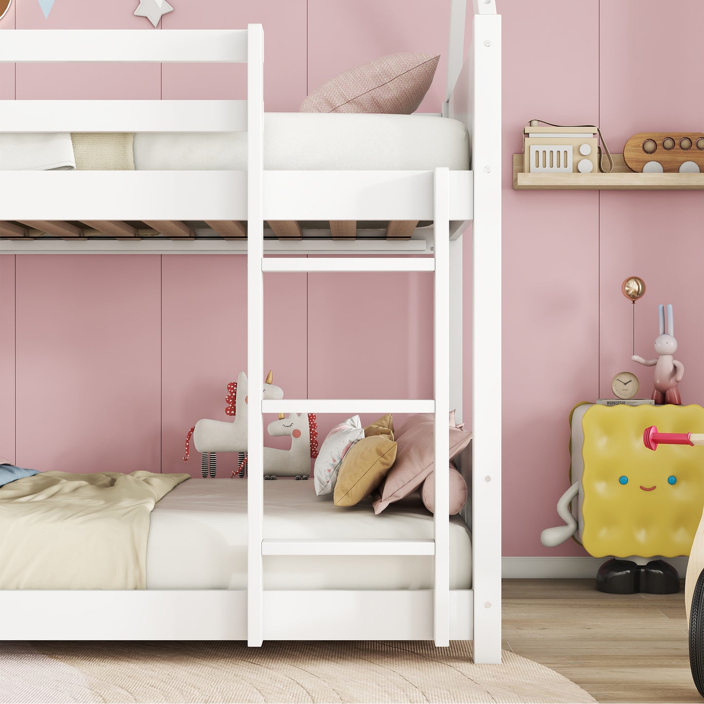 White wooden bunk bed with white mattress and pillows