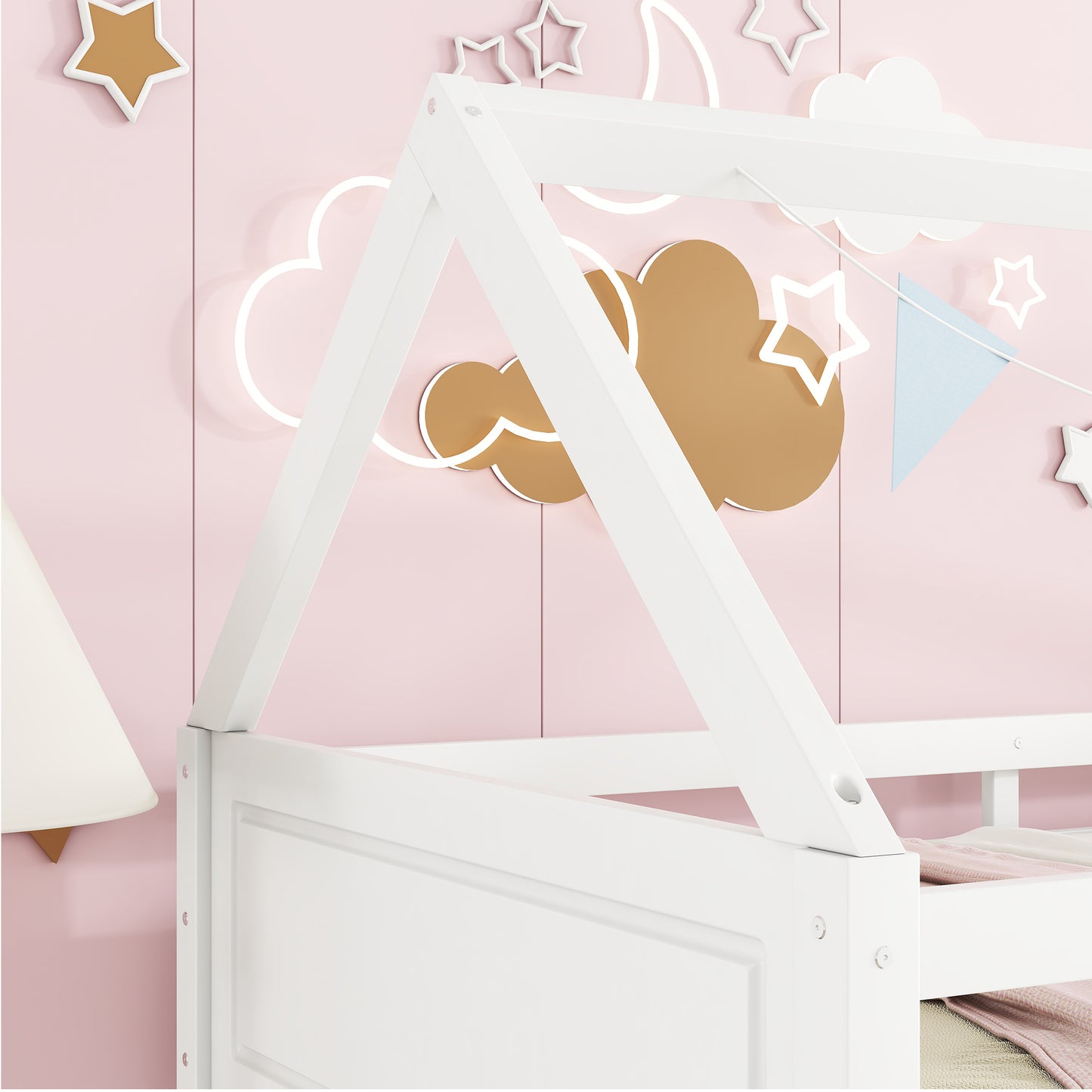 White wooden house bed frame with pink cloud and star decor