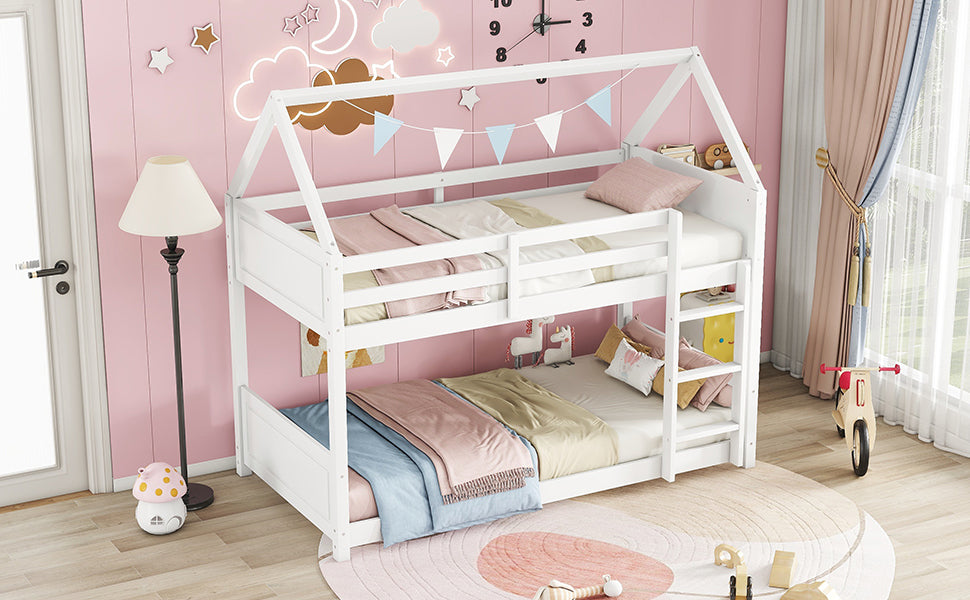 White wooden twin over twin bunk bed with house frame for kids