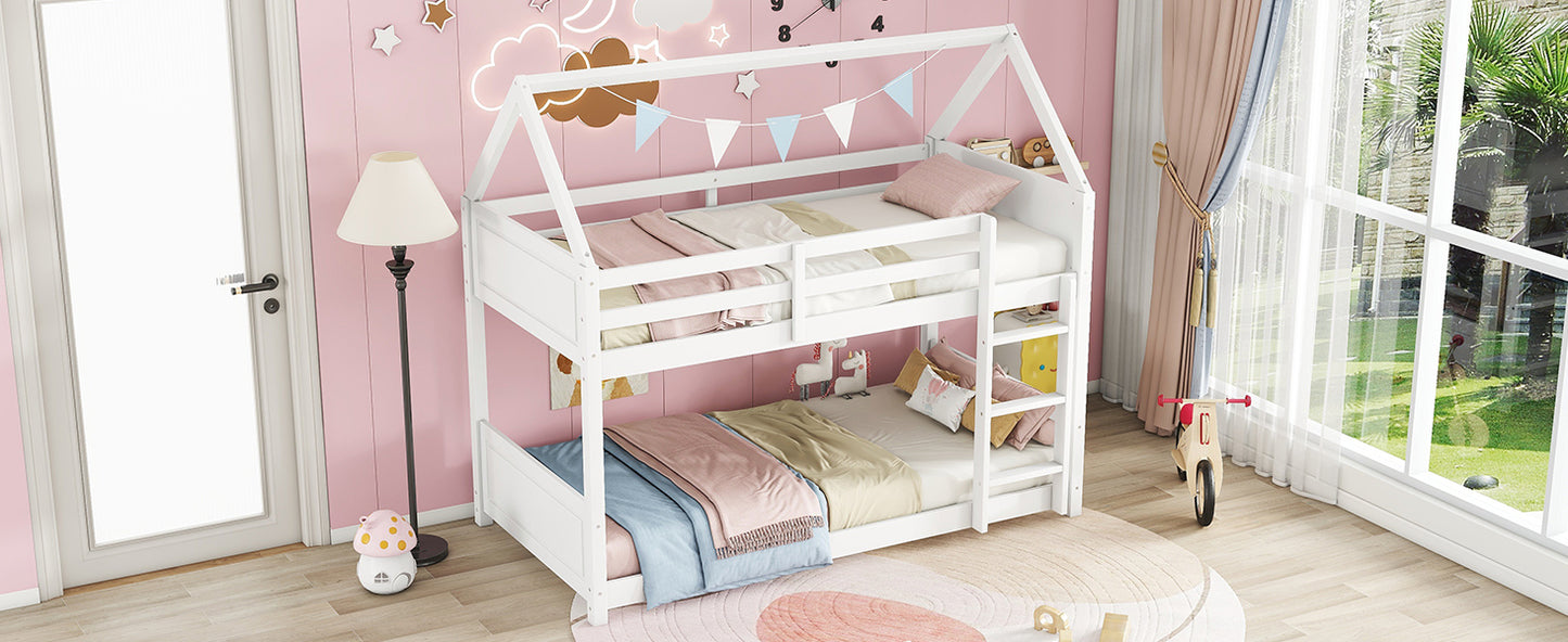 White wooden house bunk bed with pastel bedding for childrens room